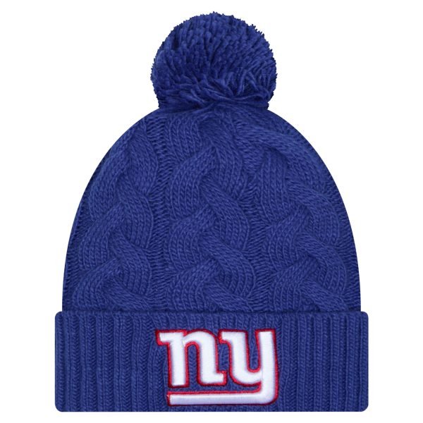 New York Giants girls youth new era royal new york giants cabled cuffed knit hat with pom | Giants Shop
