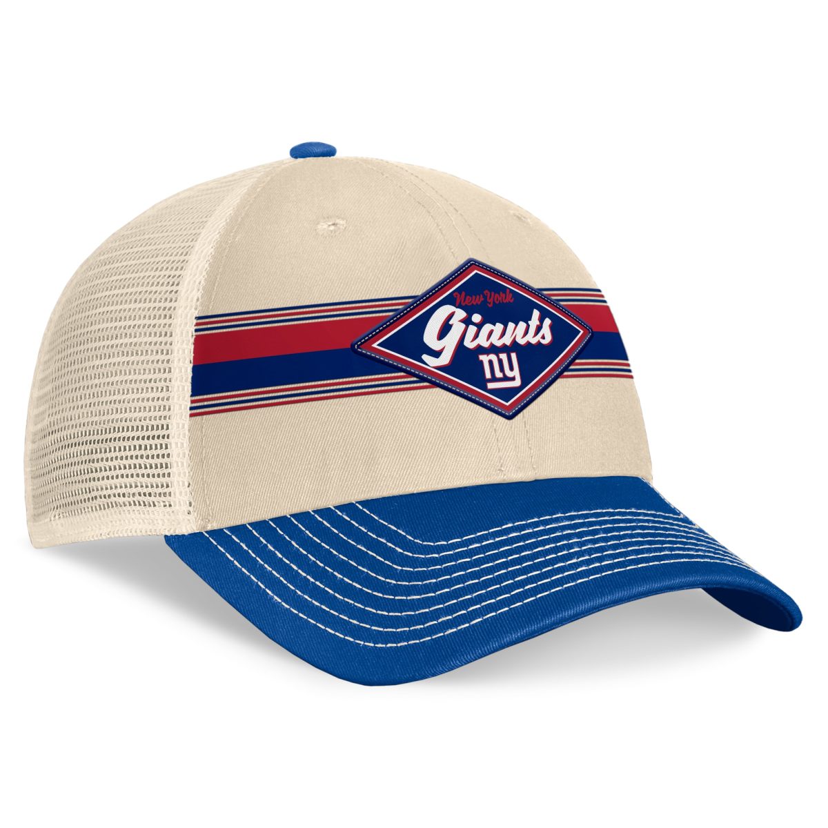 New York Giants mens fanatics naturalroyal new york giants diamond stripe trucker adjustable hat | Giants Shop