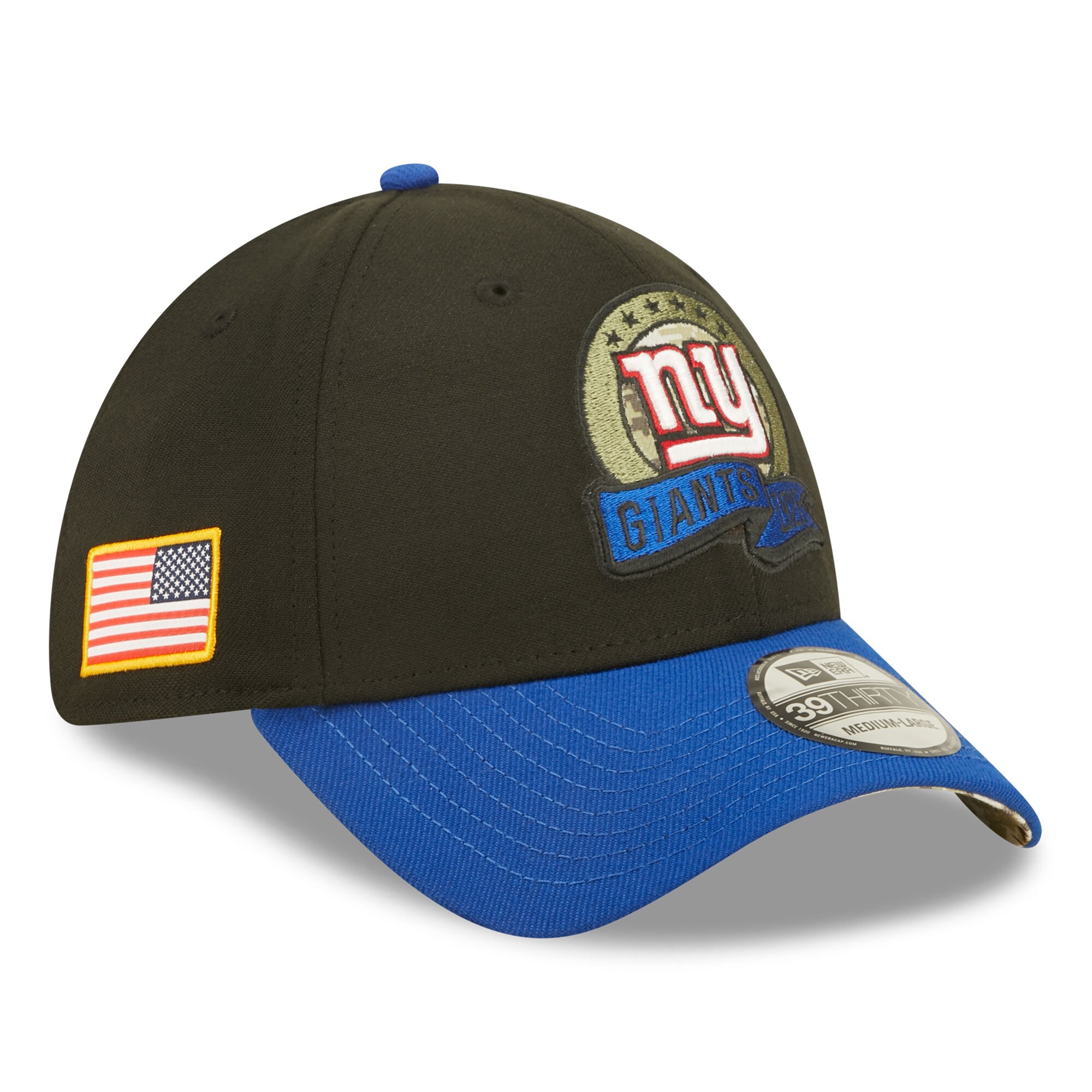 New York Giants mens new era black new york giants 2022 salute to service 39thirty flex hat | Giants Shop