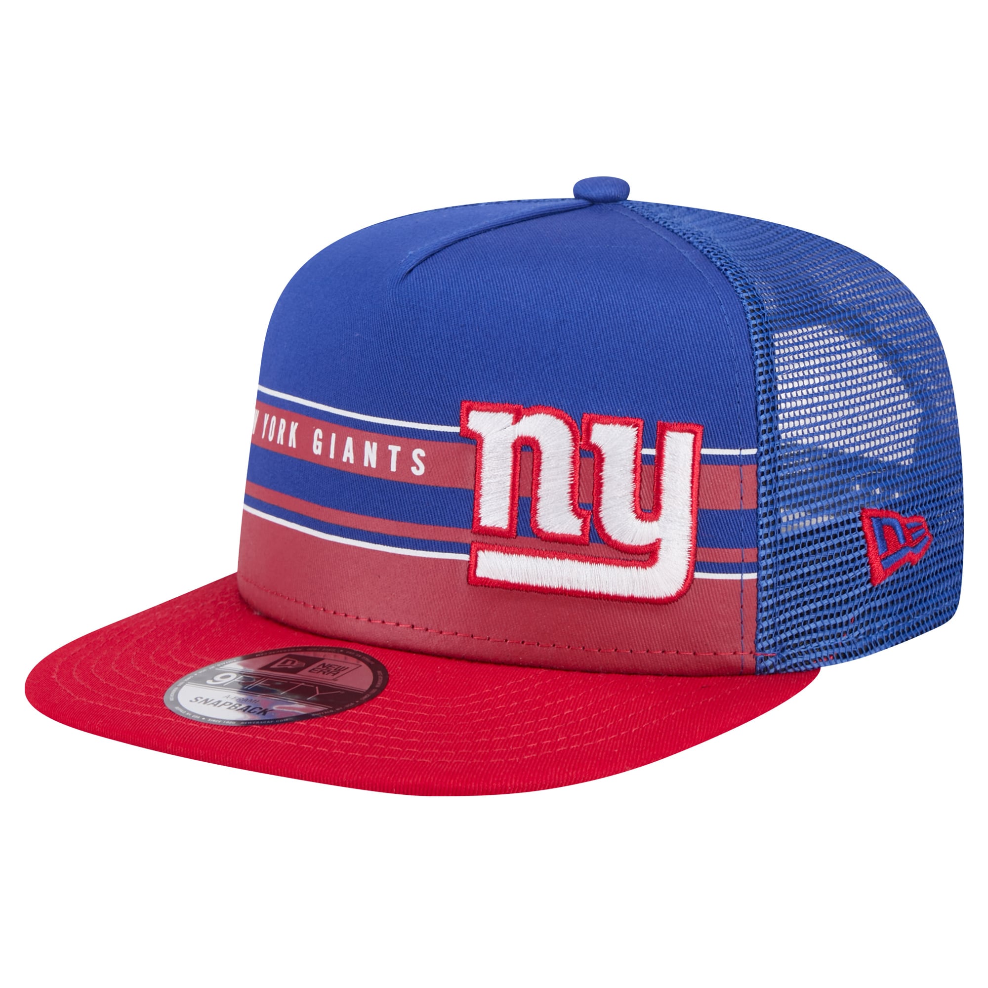 New York Giants mens new era royalred new york giants half stripe trucker a-frame 9fifty snapback hat | Giants Shop
