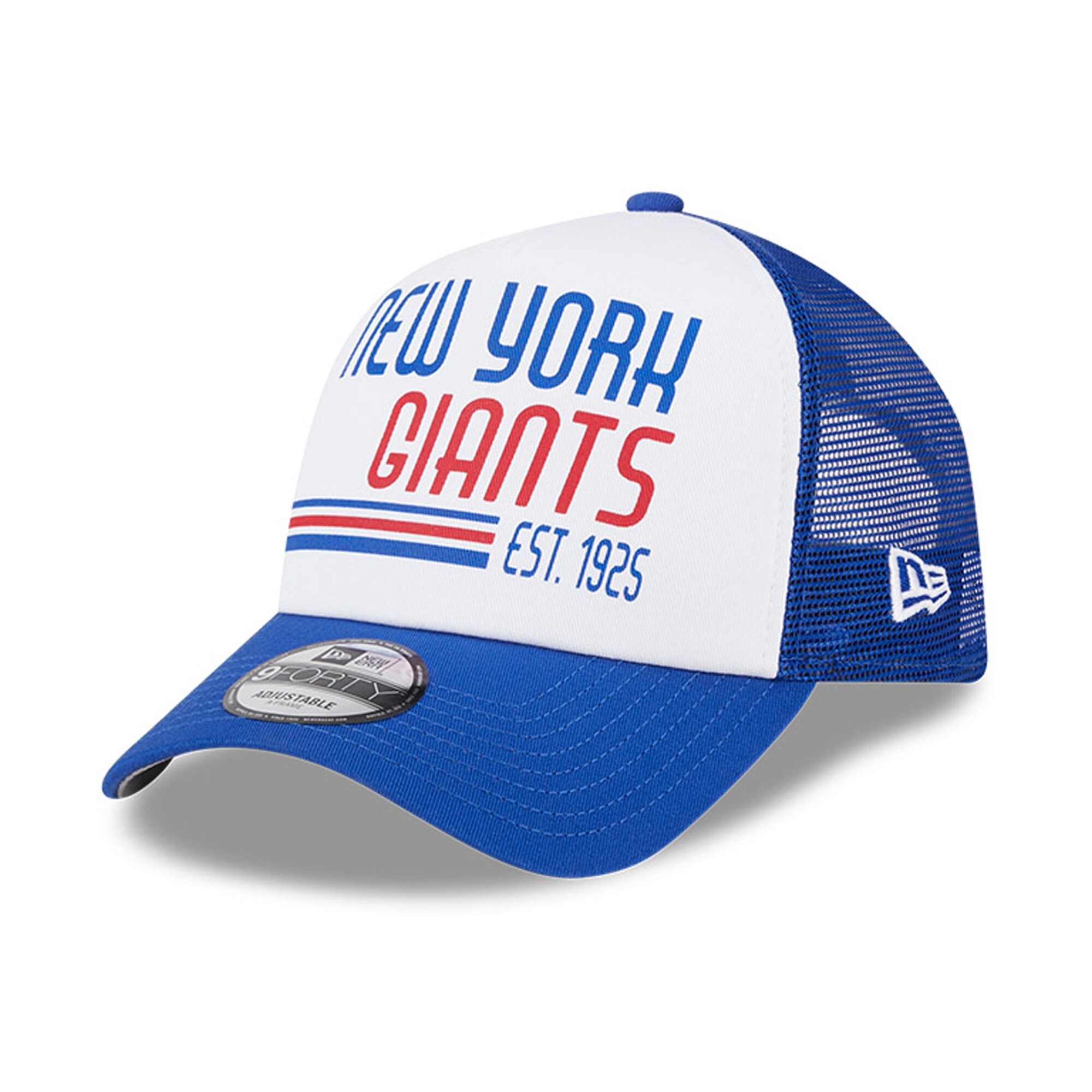 New York Giants mens new era whiteroyal new york giants stacked a-frame trucker 9forty adjustable hat | Giants Shop
