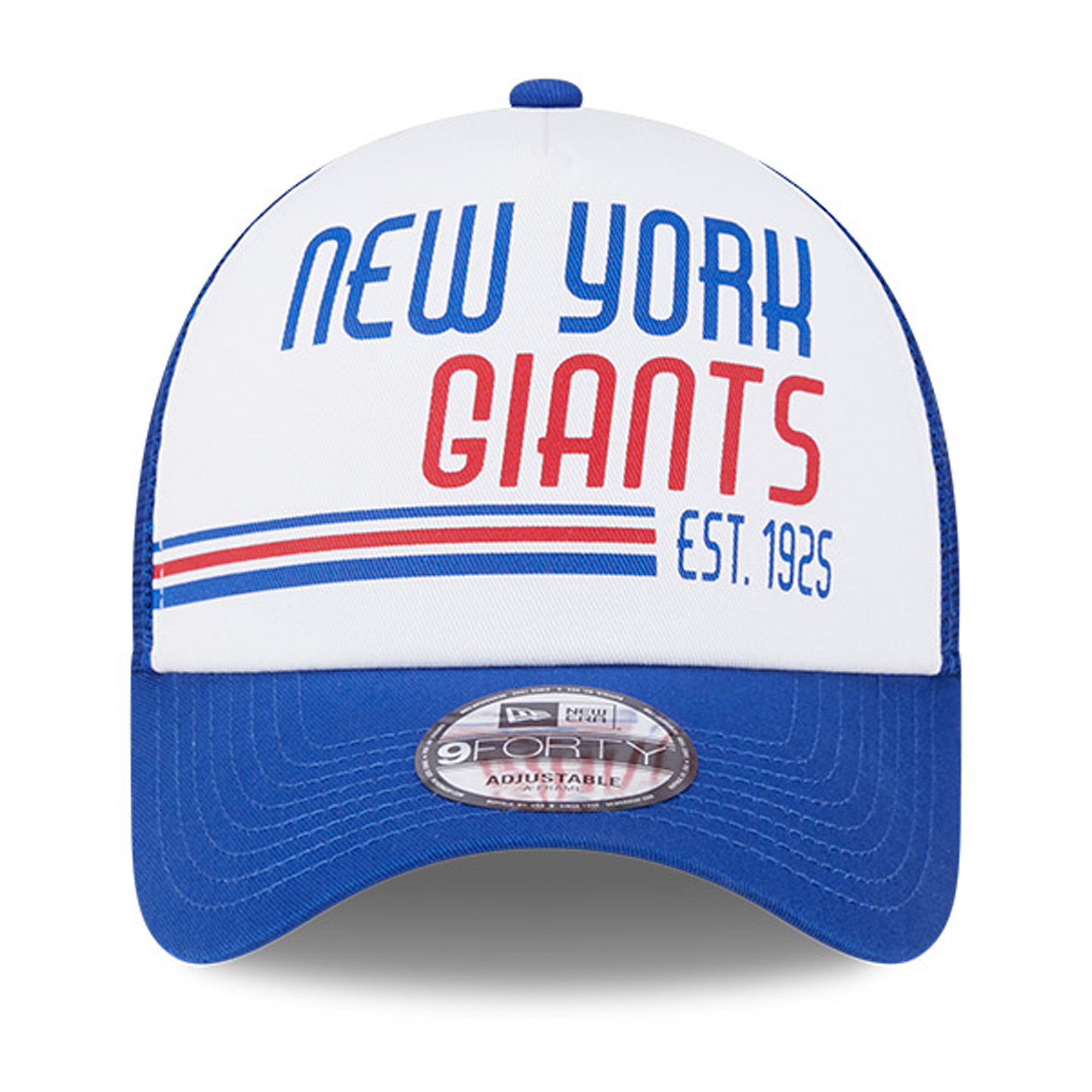 New York Giants mens new era whiteroyal new york giants stacked a-frame trucker 9forty adjustable hat | Giants Shop