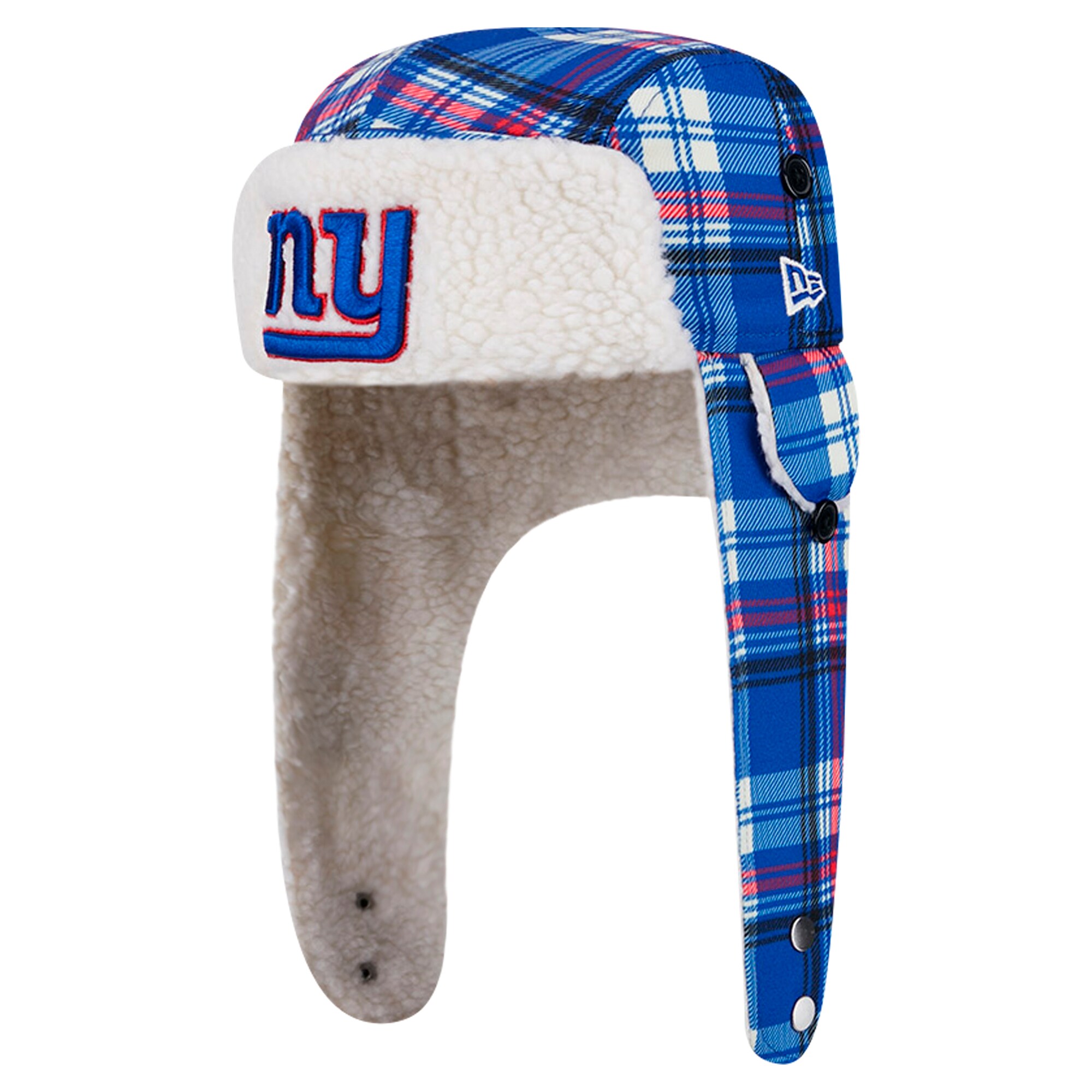 New York Giants new era royal new york giants sideline plaid sherpa trapper hat | Giants Shop