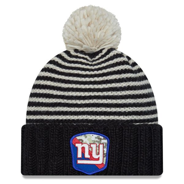 New York Giants womens new era black new york giants 2023 salute to service cuffed pom knit hat | Giants Shop
