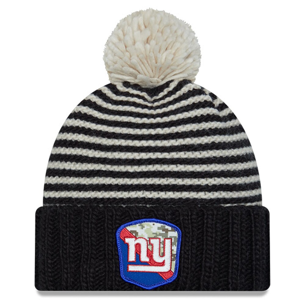 New York Giants womens new era black new york giants 2023 salute to service cuffed pom knit hat | Giants Shop