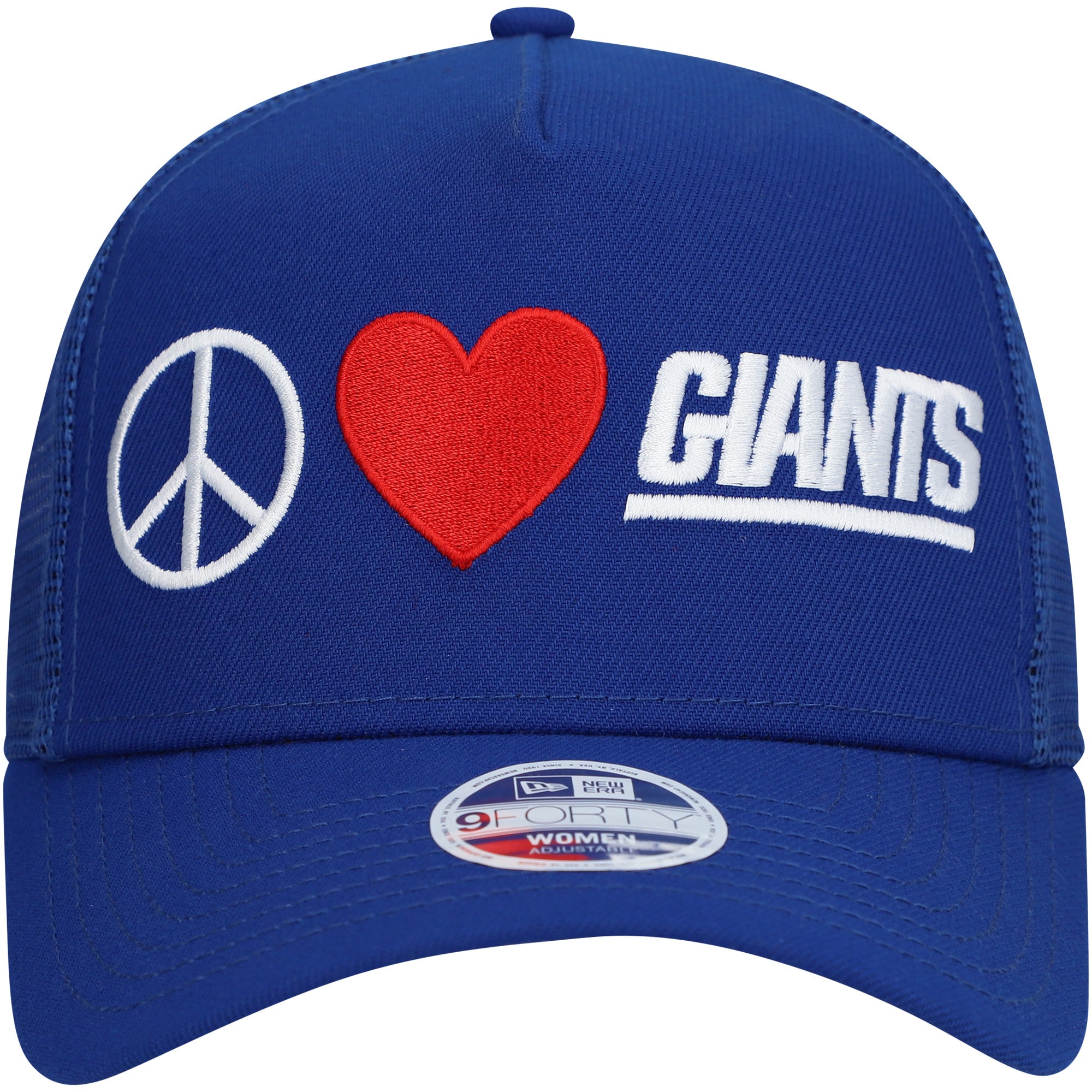 New York Giants womens new era royal new york giants peace  love trucker 9forty adjustable hat | Giants Shop