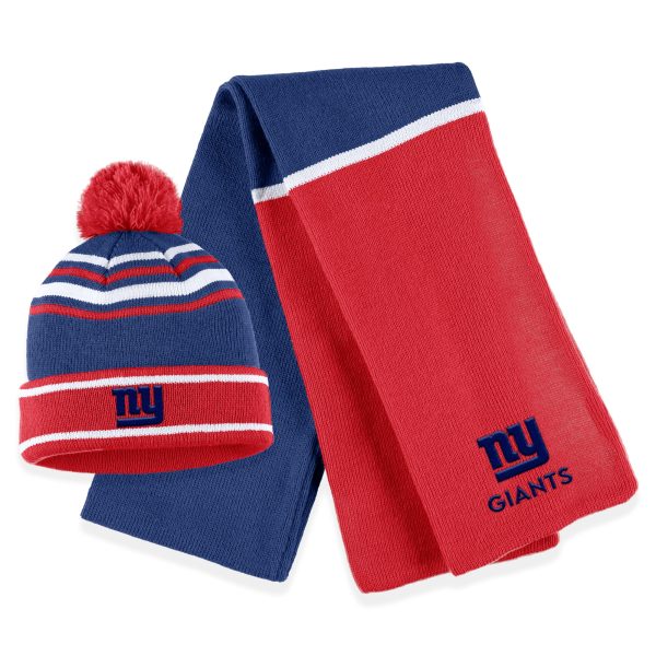 New York Giants womens wear by erin andrews royal new york giants colorblock cuffed knit hat with pom and scarf set | Giants Shop