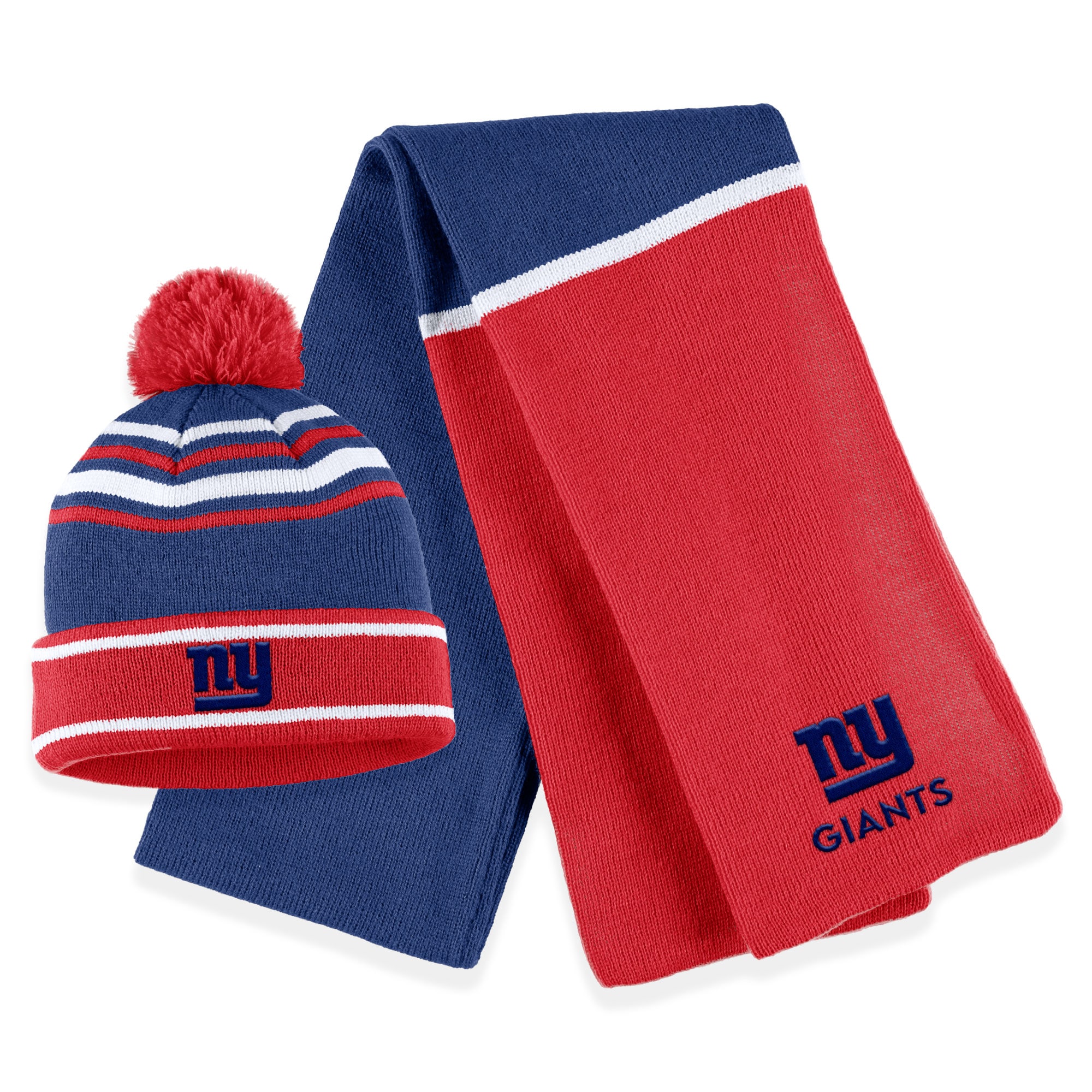 New York Giants womens wear by erin andrews royal new york giants colorblock cuffed knit hat with pom and scarf set | Giants Shop